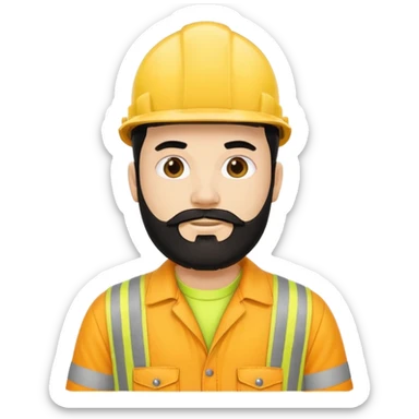 Man in yellow hi vis overalls, with black hair and full beard sticker