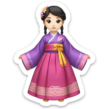 Cinematic Realistic Hanbok Emoji, depicted as a graceful intricately designed traditional Korean dress with vibrant colors and flowing lines, rendered with delicate textures and soft cultural lighting that captures its timeless elegance. sticker