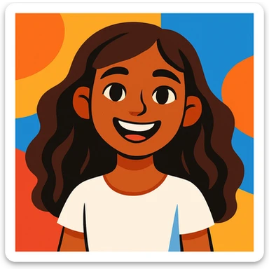 young girl with light brown skin, long brown wavy hair, wearing a white top, smiling, modern friendly illustration style sticker