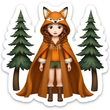 full body woman long curly brown hair brown eyes white skin tattoos wearing fox ear hat and open forest cloak, confident stance sticker