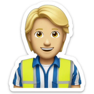 Ikea coworker blue eyes blond manager man blue stripes t-shirt and yellow security vest sticker