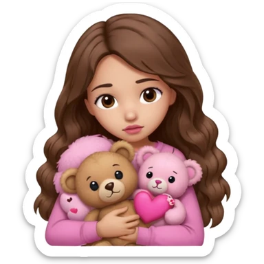 girl with long wavy brown hair, brown eyes, light to medium complexion, in a pink shirt, pink lips, long lashes, sad, hugging squeezing  a teddy bear with hearts sticker