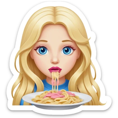 Cinematic realistic blonde with long hair, blue eyes and pink lips eats pasta sticker
