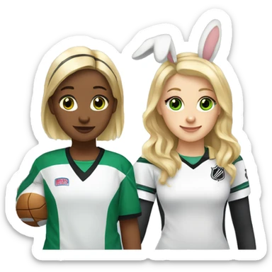 Two girls one with blonde hair and brown eyes and one with brown hair and green eyes, both with bunny ears, watching an ice hockey game sticker