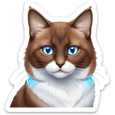 Cinematic Noble Brown Mantle Snowshoe Cat Portrait Emoji, Poised and regal, with sleek brown fur draping elegantly over its back like a mantle, contrasted by a crisp white chest, paws, and facial markings, piercing icy-blue eyes, Simplified yet sharp and sophisticated features, highly detailed, glowing with a soft, dignified glow, high shine, intelligent and graceful, stylized with an air of elegance, focused and attentive, soft glowing outline, capturing the essence of a watchful and refined feline, so majestic it feels as though it could glide across the screen with effortless confidence! sticker