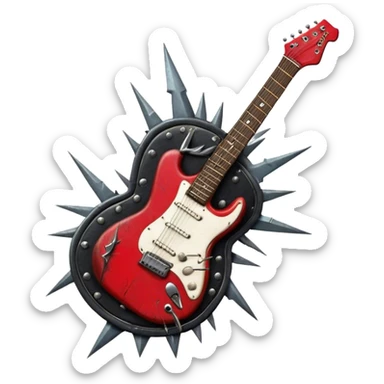 Create a powerful and dynamic humanless emoji representing rock vocals. The design should feature a classic vintage microphone with a rugged, distressed look, surrounded by elements like a guitar pick, electric guitar neck, and sound waves to reflect the raw energy of rock music. Add subtle details such as a spiked bracelet, leather textures, or bold lightning bolts to evoke the rebellious and intense spirit of rock. Use dark, edgy colors like black, red, silver, and metallic accents to emphasize the fierce, loud, and passionate nature of rock vocals. The background should be transparent. sticker