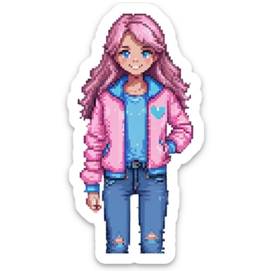 smiling girl with a pink jacket and blue jeans, pixel art style sticker
