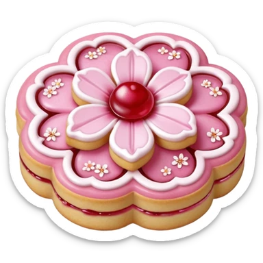 Realistic shortbread cookie in the shape of a cherry blossom with pale pink color jelly middle filling and sprinkled powder sugar on top. sticker