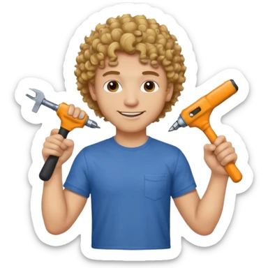 a guy who looks very handsome, has curly hair,  wears a tee shirt and holds a screwdriver in one hand and a  hammer in the other sticker