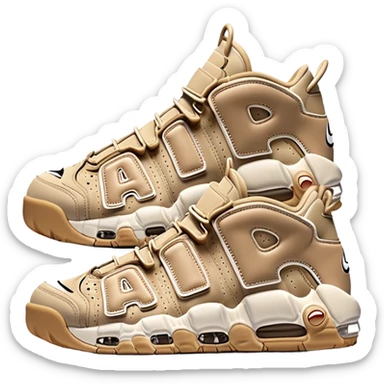 Beige Nike Air More Uptempo sneakers with large AIR letters on the sides, with one sneaker positioned slightly behind the other sticker