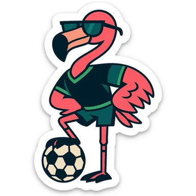 flamingo soccer player in sunglasses and a black and green jersey sticker