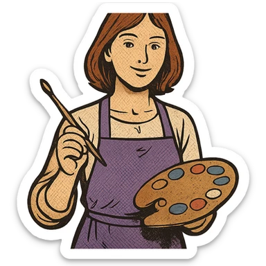 Serene female oil painter, Caucasian features, shoulder-length auburn hair, soft brown eyes, gentle smile, wearing a violet painter’s apron lightly stained with paint over a beige blouse, holding a wooden palette with vibrant colors in one hand and a brush in the other, waist-up, front-facing sticker