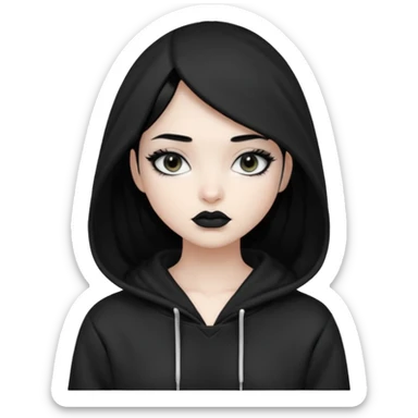 Black haired girl, silver eyes, black lipstick, white skin, black hoodie sticker