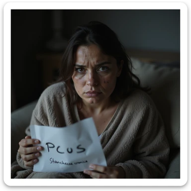 hyperrealistic 4K image of a woman with PCOS, face with acne and chin hair, thin hair, extremely tired expression, eyes with dark circles, curved posture, sitting on a sofa with a blanket, dimly lit home environment, holding a sheet with visible text 'PCOS' and 'Stanchezza cronica' sticker