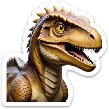 Cinematic Realistic Noble velociraptor/T-rex Portrait Emoji, Poised and imposing, with a massive, muscular build and a rugged, intricately scaled hide in ancient earthy tones, a sharply defined, fearsome head with piercing, primal eyes rendered in lifelike detail, high shine, intelligent and formidable, styled with an air of prehistoric authority, focused and attentive, soft glowing outline, capturing the essence of a watchful and confident velociraptor/T-rex that appears ready to roar out of the screen with timeless power! sticker