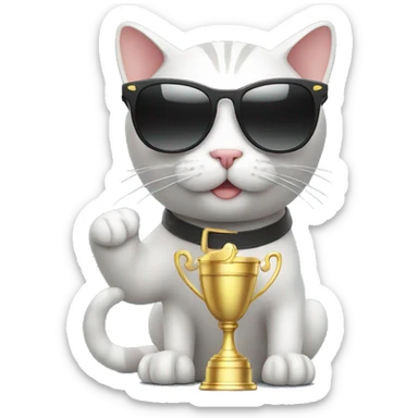 cat wearing sunglasses holding up a number ten trophy sticker