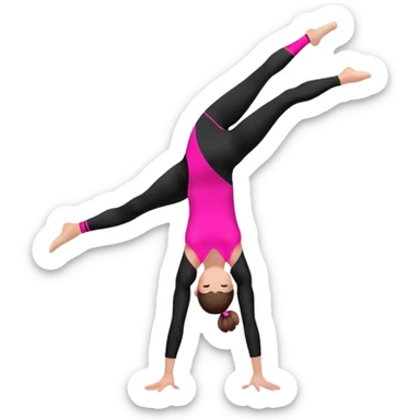 A female gymnast with brown hair in a neat bun, wearing black leggings and a T-shirt with neon pink elements, performing an acrobatic move. sticker