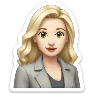 pale skin woman interior designer with cold blonde straight middle length hair, White blouse, Gray oversize jacket, Gray skirt holding a color palette in the hands sticker
