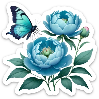 A soft pastel-toned painting of blue peonies and a green butterfly, inspired by vintage floral art. sticker