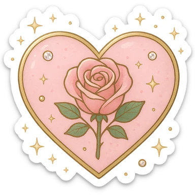 single rose pink heart, pastel pink enamel, sparkling gems, surrounded by tiny stars sticker
