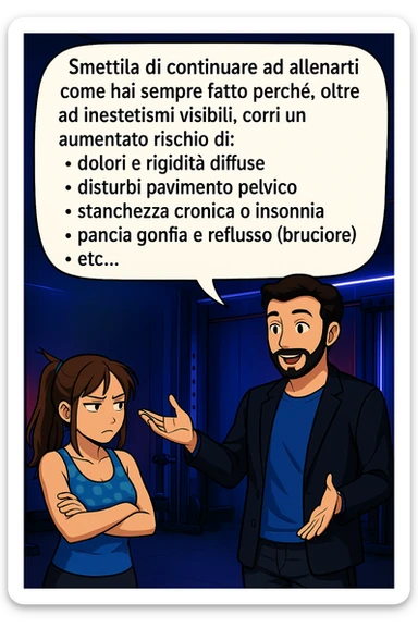 TRASFORMA QUESTO CAROSELLO IN UN FUMETTO STILE MANGA A COLORI CON QUESTE DUE PERSONE IDENTICHE CHE INTERLOQUISCONO TRA LORO:

LUI (UOMO): Smettila di continuare ad allenarti come hai sempre fatto perché, oltre ad inestetismi visibili, corri un aumentato rischio di:
    • dolori e rigidità diffuse
    • disturbi pavimento pelvico
    • stanchezza cronica o insonnia
    • pancia gonfia e reflusso (bruciore)
    • etc… sticker