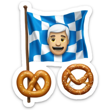 Create an emoji with a Bavarian Flag, blue and white colours, a "Lederhose" and a pretzel. sticker
