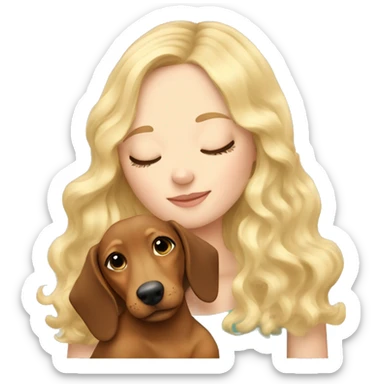 White girl blonde wavy hair closed eyes hugging dachshund sticker