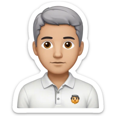 Latino male, black hair with gray hair, light brown, wearing a white polo shirt sticker