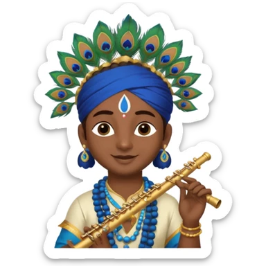 Lord Sri Krishna carrying only one peacock feather on his head with cute face and play flute with happy face sticker