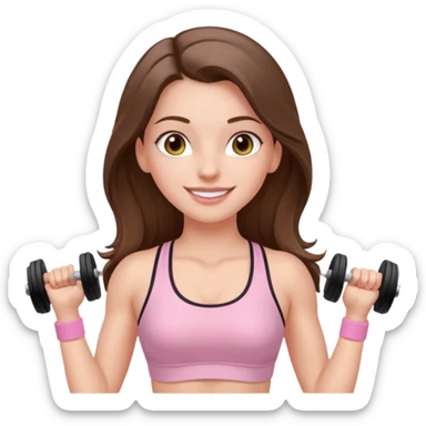 happy white long brunette hair girl with hazel eyes in light pink workout clothes at the gym sticker