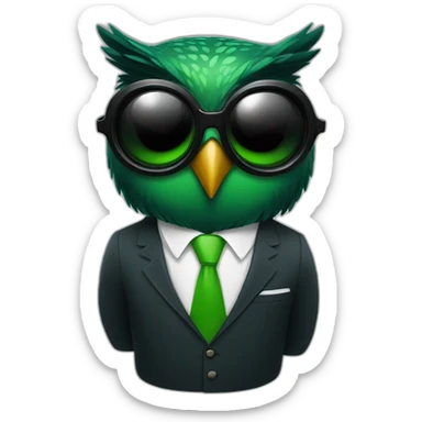 black and green owl in a suit with cool sunglasses sticker