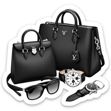 bag and watch, and glasses 1 specfic, all BLACK AND WHITE AND SILVER OR WHITE PLATED GOLD put together like a bundle with no face, all luxury items like lv and prada, and rolex sticker