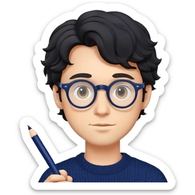 Young caucasian man with black wavy hair, round glasses, navy blue sweater, holding a pen, designer sticker
