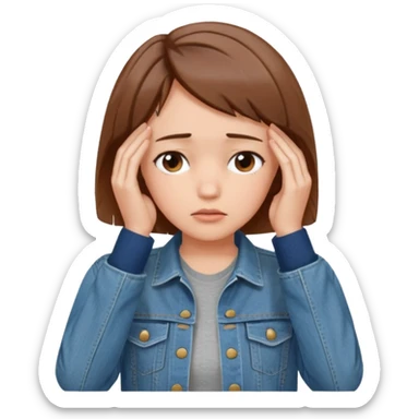 a woman with a brown short hair, looking at the left, facepalming, wearing a denim jacket, only upper body, high quality sticker