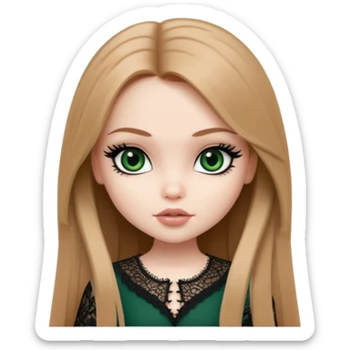 pretty bratz girl, long straight LIGHT BROWN HAIR, dark green eyes, black eyeliner, pale skin, black girly clothes with lace sticker