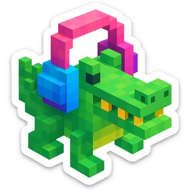 voxel style crocodile with colorful headphones, isometric view sticker