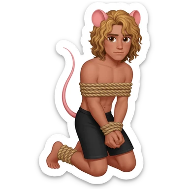 man with brown eyes, curly long blond hair. he has rat tail and rat ears. he dressed in black shorts. he is on his knees. her arms are tied up with ropes sticker