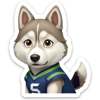 White  brown husky with Seattle Seahawks gear sticker