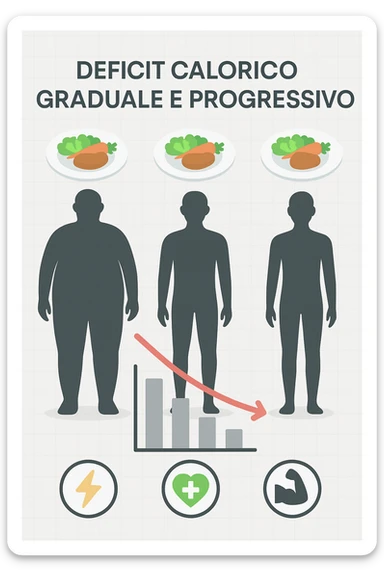 una sequenza di tre sagome umane affiancate, ognuna rappresenta una fase diversa di perdita di peso graduale. Sopra ogni figura, un piatto mostra porzioni di cibo bilanciate ma leggermente ridotte. Frecce e grafici illustrano una diminuzione lenta e costante dell’apporto calorico giornaliero, con icone che rappresentano energia, salute e mantenimento della massa muscolare. Sfondo pulito e moderno, con etichette chiare che spiegano “deficit calorico graduale e progressivo” in italiano sticker
