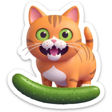 a scared cat next to a cucumber sticker