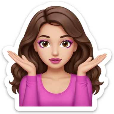 girl with long wavy brown hair, brown eyes, long lashes makeup, sexy pink lips, light to medium complexion, pink sexy top, two hands up, shrugging sticker