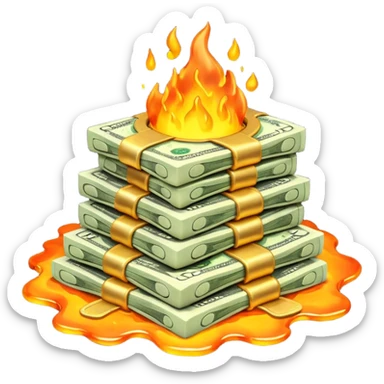 Transform the stack of money into lava money: make the bills appear to be melting and turning into glowing, molten lava with realistic textures and dramatic lighting. Keep the background transparent. The style should reflect a realistic molten lava effect with glowing and melting details. sticker
