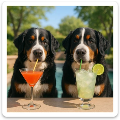two Bernese mountain dogs drinking cocktails, wide scene, 1950x640 sticker