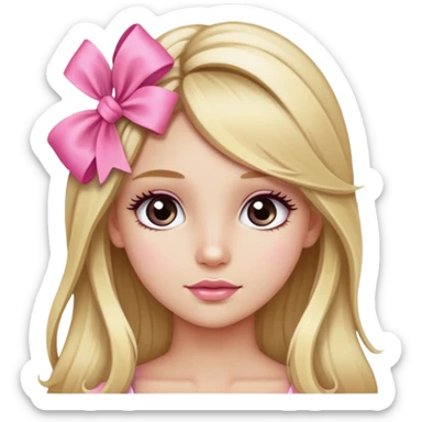 Pretty blonde bombshell girl with long hair and highlights. She has long eyelashes and a pink bow in her hair. sticker