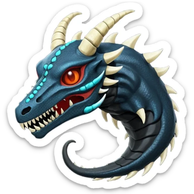 Shiny Dark Edgy  Salandit-Inteleon-Amaura-Fakémon-hybrid-creature (full body) with a horned animal-skull-mask sticker