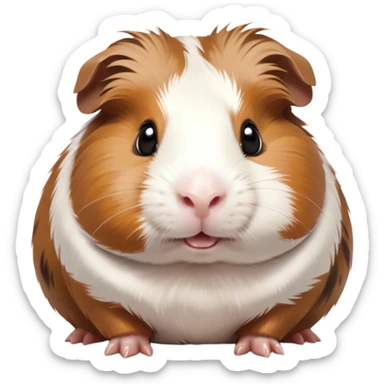 Cinematic Cute Brown and White Banded Guinea Pig Portrait Emoji, Head tilted playfully and inquisitively, showcasing a fluffy coat with playful brown and white banded patterns, round, sparkling dark eyes filled with curiosity, Simplified yet irresistibly adorable features, highly detailed, glowing with a warm, friendly glow, high shine, affectionate and spirited, stylized with a touch of whimsy, bright and endearing, soft glowing outline, capturing the essence of a mischievous yet loving guinea pig, so playful it feels like it could dash out of the screen and into your arms! sticker