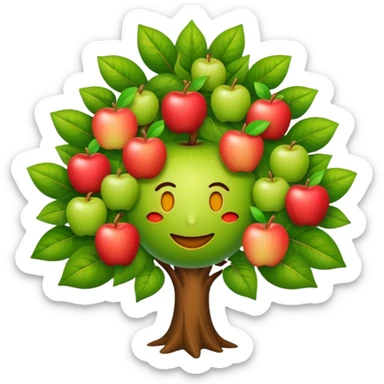 diseña a un árbol con cara sonriente y que las hojas tenga tres manzanas en cada lado o en cada parte de las hojas. sticker