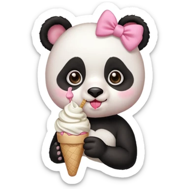 Cute chibi style girl Panda with eyelashes and big pink bow above ear eating and ice cream  sticker