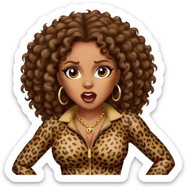 Melanie Brown with brown curls wearing leopard print and growling sticker