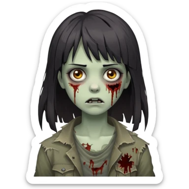 zombie 🧟‍♀️+👩🏻= girl dark hair long her shoulders bangs and ragged haircut gray eyes sticker